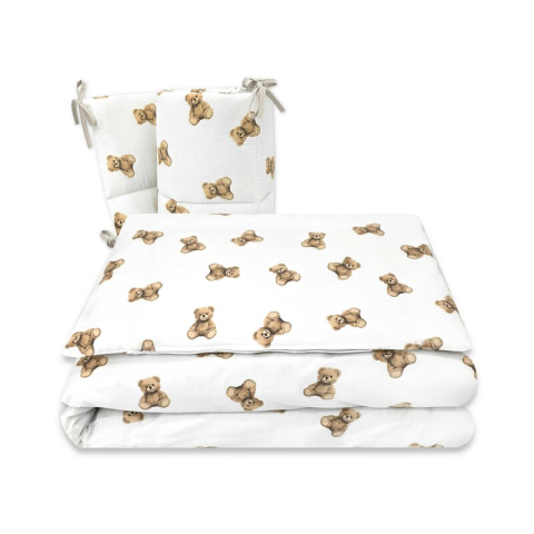 Mobilier si Lenjerie - Lenjerie patut 3 piese, Qmini, Pentru patut 120x60 cm, Cu protectie laterala, Din bumbac certificat Oeko Tex Standard 100, Teddy Toys