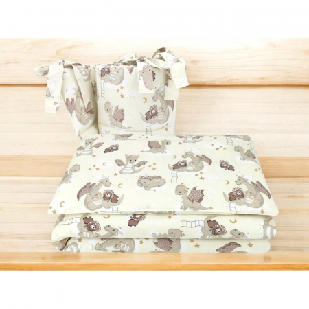 Lenjerie patut 3 piese, Qmini, Pentru patut 140x70 cm, Cu protectie laterala, Din bumbac certificat Oeko Tex Standard 100, Dragons Beige [1]