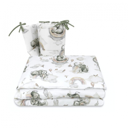 Mobilier si Lenjerie - Lenjerie patut 3 piese, Qmini, Pentru patut 140x70 cm, Cu protectie laterala, Din bumbac certificat Oeko Tex Standard 100, Elephants on Rainbow