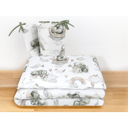 Lenjerie patut 3 piese, Qmini, Pentru patut 140x70 cm, Cu protectie laterala, Din bumbac certificat Oeko Tex Standard 100, Elephants on Rainbow [1]