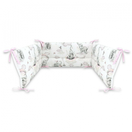 Lenjerie patut 3 piese, Qmini, Pentru patut 140x70 cm, Cu protectie laterala, Din bumbac certificat Oeko Tex Standard 100, Elephants on Rainbow Pink [3]