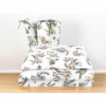 Lenjerie patut 3 piese, Qmini, Pentru patut 140x70 cm, Cu protectie laterala, Din bumbac certificat Oeko Tex Standard 100, Safari [1]