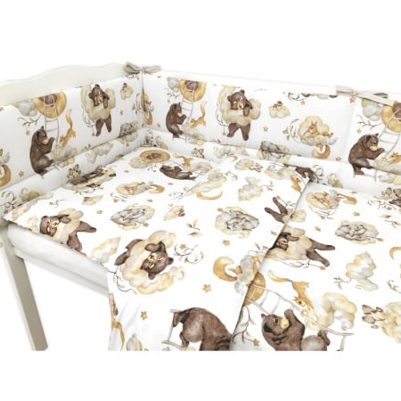 Lenjerie patut 3 piese, Qmini, Pentru patut 140x70 cm, Cu protectie laterala, Din bumbac certificat Oeko Tex Standard 100, Teddy Bear and Friends Beige [2]