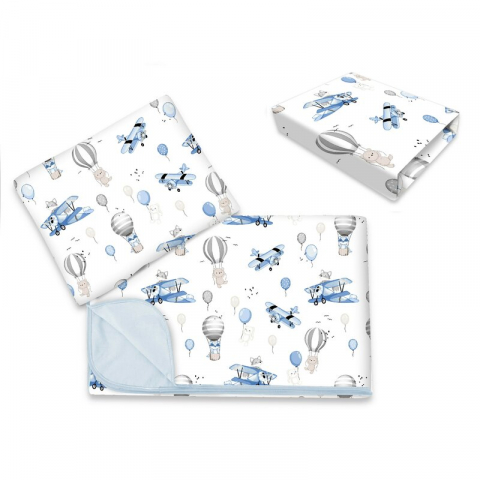 Mobilier si Lenjerie - Lenjerie patut cu 3 piese, MimiNu, Cu cearceaf 120x60 cm, Din bumbac certificat Oeko Tex Standard 100, Cu paturica si pernuta, Blue Plane