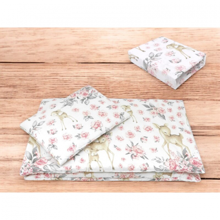 Lenjerie patut cu 3 piese, MimiNu, Cu cearceaf 120x60 cm, Pilota, Pernuta, Din bumbac certificat Oeko Tex Standard 100, Sweet Deer Pink [1]