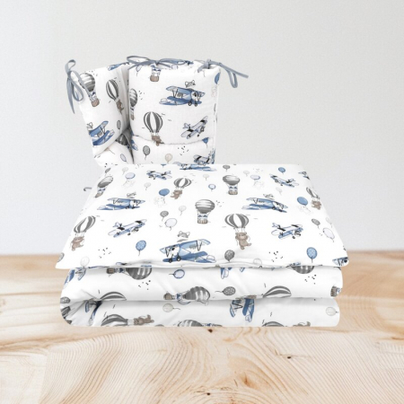 Lenjerie patut cu 3 piese, MimiNu, Pentru patut 120x60 cm, Cu protectie laterala, Din bumbac certificat Oeko Tex Standard 100, Blue Plane [1]