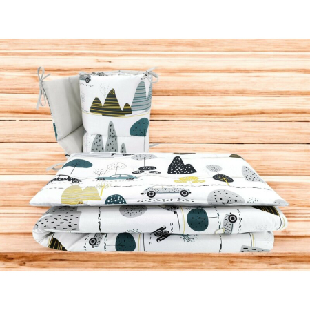 Lenjerie patut cu 3 piese, MimiNu, Pentru patut 120x60 cm, Cu protectie laterala, Din bumbac certificat Oeko Tex Standard 100, Childrens Journey Grey [1]