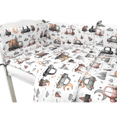 Lenjerie patut cu 3 piese, MimiNu, Pentru patut 120x60 cm, Cu protectie laterala, Din bumbac certificat Oeko Tex Standard 100, Design, Cars Grey [2]