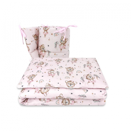 Mobilier si Lenjerie - Lenjerie patut cu 3 piese, MimiNu, Pentru patut 120x60 cm, Cu protectie laterala, Din bumbac certificat Oeko Tex Standard 100, Design, Little Ballerina Pink