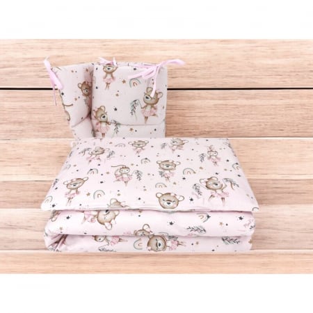 Lenjerie patut cu 3 piese, MimiNu, Pentru patut 120x60 cm, Cu protectie laterala, Din bumbac certificat Oeko Tex Standard 100, Design, Little Ballerina Pink [1]