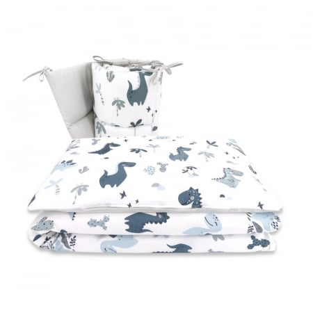 Mobilier si Lenjerie - Lenjerie patut cu 3 piese, MimiNu, Pentru patut 120x60 cm, Cu protectie laterala, Din bumbac certificat Oeko Tex Standard 100, Dino Granat
