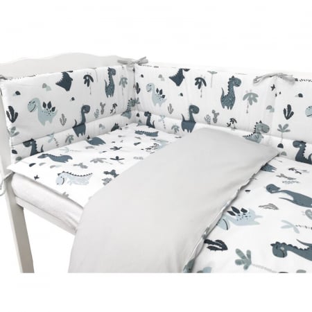 Lenjerie patut cu 3 piese, MimiNu, Pentru patut 120x60 cm, Cu protectie laterala, Din bumbac certificat Oeko Tex Standard 100, Dino Granat [2]