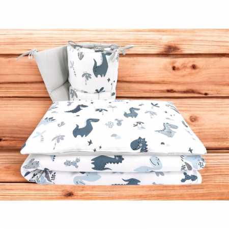 Lenjerie patut cu 3 piese, MimiNu, Pentru patut 120x60 cm, Cu protectie laterala, Din bumbac certificat Oeko Tex Standard 100, Dino Granat [1]