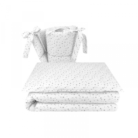 Mobilier si Lenjerie - Lenjerie patut cu 3 piese, MimiNu, Pentru patut 120x60 cm, Cu protectie laterala, Din bumbac certificat Oeko Tex Standard 100, Mini Gray Stars