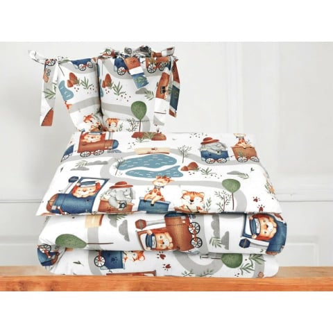 Lenjerie patut cu 3 piese, MimiNu, Pentru patut 120x60 cm, Cu protectie laterala, Din bumbac, Din bumbac certificat Oeko Tex Standard 100, Design, Zoo in train [1]