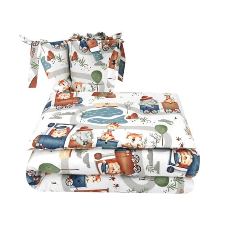 Mobilier si Lenjerie - Lenjerie patut cu 3 piese, MimiNu, Pentru patut 120x60 cm, Cu protectie laterala, Din bumbac, Din bumbac certificat Oeko Tex Standard 100, Design, Zoo in train