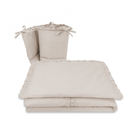 Mobilier si Lenjerie - Lenjerie patut cu 3 piese, MimiNu, Pentru patut 120x60 cm, Cu volanase, Cu protectie laterala, Din bumbac certificat Oeko Tex Standard 100, Colectia Royal, Beige