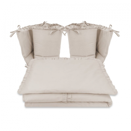 Mobilier si Lenjerie - Lenjerie patut cu 4 piese, MimiNu, Pentru patut 120x60 cm, Cu doua protectii laterale, Cu volanase, Din bumbac certificat Oeko Tex Standard 100, Colectia Royal, Beige