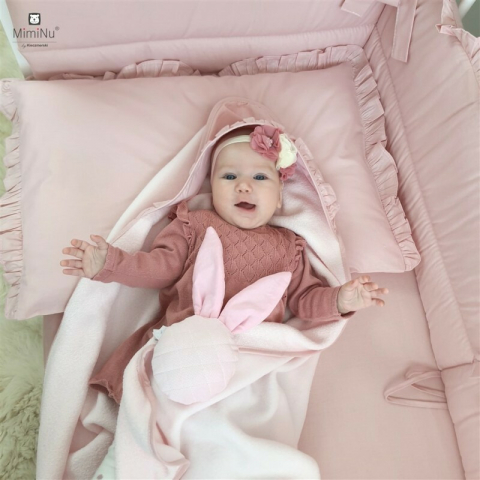 Lenjerie patut cu 4 piese, MimiNu, Pentru patut 120x60 cm, Cu doua protectii laterale, Cu volanase, Din bumbac certificat Oeko Tex Standard 100, Colectia Royal, Powder Pink [10]