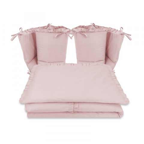 Mobilier si Lenjerie - Lenjerie patut cu 4 piese, MimiNu, Pentru patut 120x60 cm, Cu doua protectii laterale, Cu volanase, Din bumbac certificat Oeko Tex Standard 100, Colectia Royal, Powder Pink