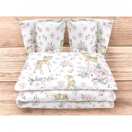 Lenjerie patut cu 4 piese, MimiNu, Pentru patut 120x60 cm, Cu doua protectii laterale, Din bumbac certificat Oeko Tex Standard 100, Sweet Deer Pink [1]