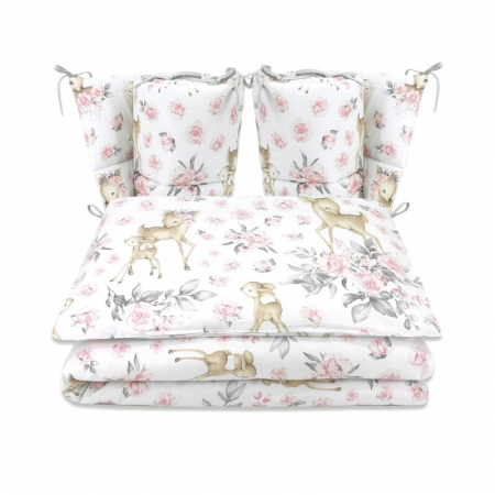 Mobilier si Lenjerie - Lenjerie patut cu 4 piese, MimiNu, Pentru patut 120x60 cm, Cu doua protectii laterale, Din bumbac certificat Oeko Tex Standard 100, Sweet Deer Pink
