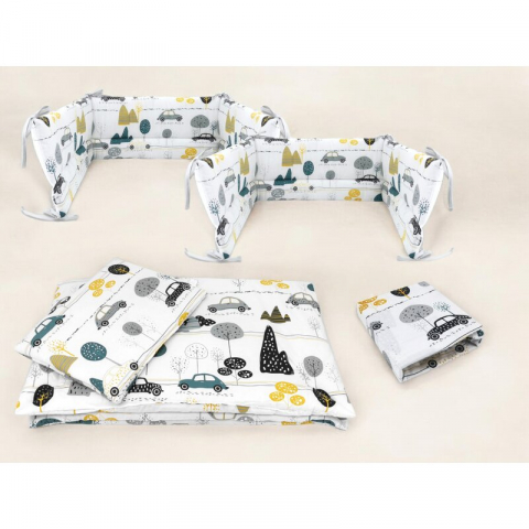 Lenjerie patut cu 5 piese, MimiNu, Cu cearceaf 120x60 cm, Pilota, Pernuta, 2 aparatori, Din bumbac certificat Oeko Tex Standard 100, Childrens Journey Grey [1]
