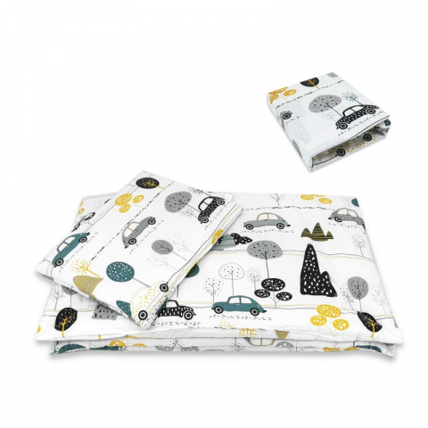 Lenjerie patut cu 5 piese, MimiNu, Cu cearceaf 120x60 cm, Pilota, Pernuta, 2 aparatori, Din bumbac certificat Oeko Tex Standard 100, Childrens Journey Grey [3]