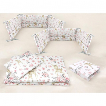 Lenjerie patut cu 5 piese, MimiNu, Cu cearceaf 120x60 cm, Pilota, Pernuta, 2 aparatori, Din bumbac certificat Oeko Tex Standard 100, Sweet Deer Pink [1]