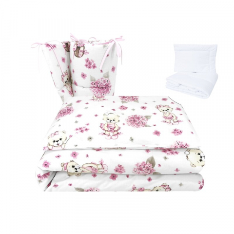 Mobilier si Lenjerie - Lenjerie patut cu 5 piese, MimiNu, Pentru patut 120x60 cm, Cu pilota si perna, Din bumbac certificat Oeko Tex Standard 100, Design, Pink Ballerina