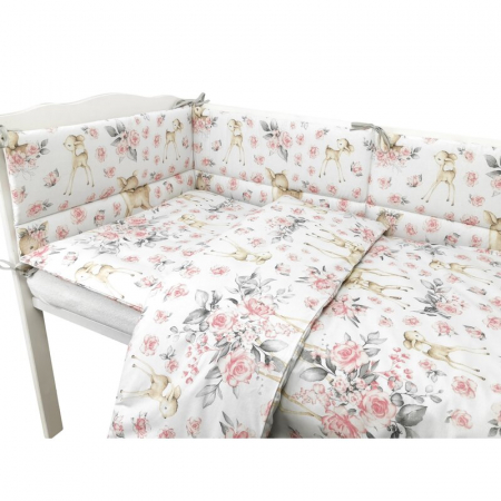 Lenjerie patut cu 5 piese, MimiNu, Pentru patut 120x60 cm, Cu pilota si perna, Din bumbac certificat Oeko Tex Standard 100, Sweet Deer Pink [2]