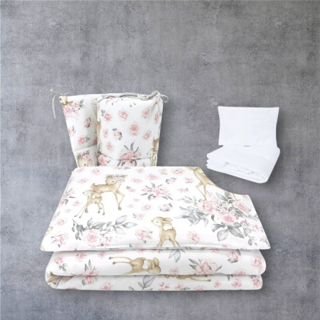 Lenjerie patut cu 5 piese, MimiNu, Pentru patut 120x60 cm, Cu pilota si perna, Din bumbac certificat Oeko Tex Standard 100, Sweet Deer Pink [1]
