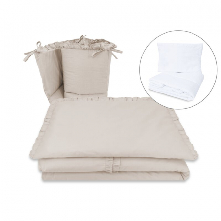 Mobilier si Lenjerie - Lenjerie patut cu 5 piese, MimiNu, Pentru patut 120x60 cm, Cu volanase, Cu pilota si perna, Din bumbac certificat Oeko Tex Standard 100, Colectia Royal, Beige