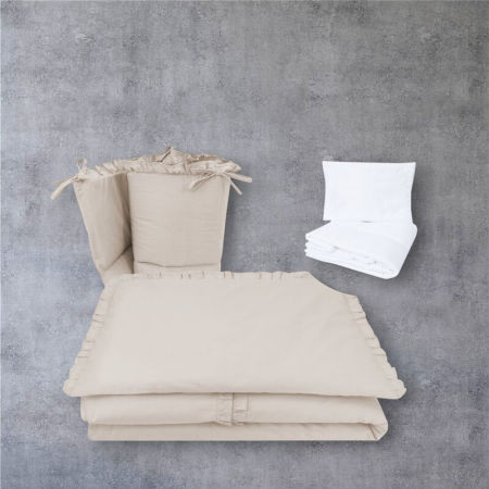 Lenjerie patut cu 5 piese, MimiNu, Pentru patut 120x60 cm, Cu volanase, Cu pilota si perna, Din bumbac certificat Oeko Tex Standard 100, Colectia Royal, Beige [1]