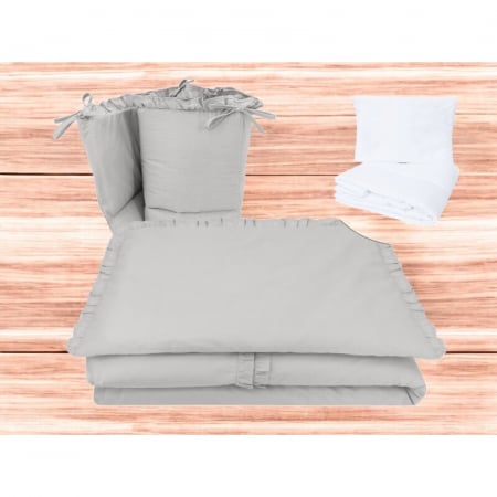 Lenjerie patut cu 5 piese, MimiNu, Pentru patut 120x60 cm, Cu volanase, Cu pilota si perna, Din bumbac certificat Oeko Tex Standard 100, Colectia Royal, Grey [1]