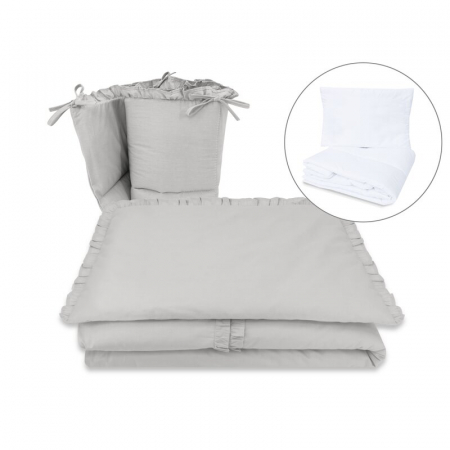 Mobilier si Lenjerie - Lenjerie patut cu 5 piese, MimiNu, Pentru patut 120x60 cm, Cu volanase, Cu pilota si perna, Din bumbac certificat Oeko Tex Standard 100, Colectia Royal, Grey