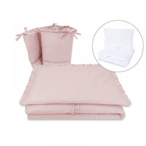 Mobilier si Lenjerie - Lenjerie patut cu 5 piese, MimiNu, Pentru patut 120x60 cm, Cu volanase, Cu pilota si perna, Din bumbac certificat Oeko Tex Standard 100, Colectia Royal, Powder Pink