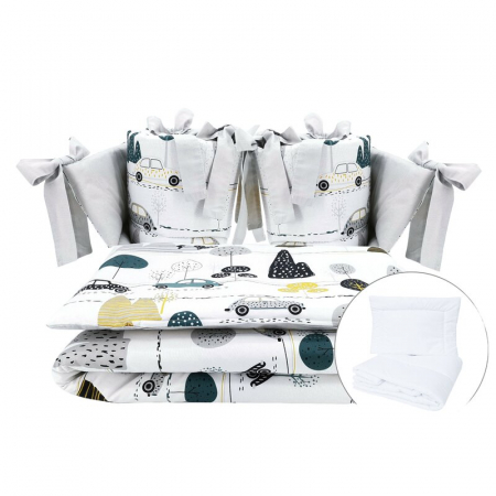 Mobilier si Lenjerie - Lenjerie patut cu 6 piese, MimiNu, Pentru patut 120x60 cm, Cu pilota si perna, Cu doua aparatori laterale, Din bumbac certificat Oeko Tex Standard 100, Childrens Journey Grey