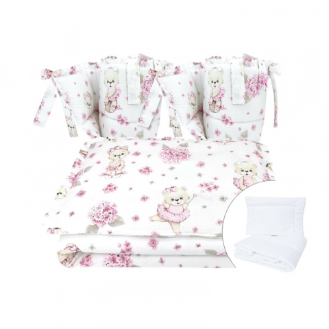 Mobilier si Lenjerie - Lenjerie patut cu 6 piese, MimiNu, Pentru patut 120x60 cm, Cu pilota si perna, Cu doua aparatori laterale, Din bumbac certificat Oeko Tex Standard 100, Design, Pink Ballerina
