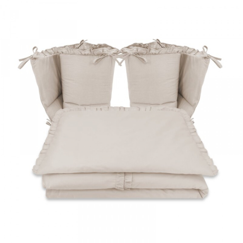 Lenjerie patut cu 6 piese, MimiNu, Pentru patut 120x60 cm, Cu volanase, Cu pilota si perna, Cu doua aparatori laterale, Din bumbac certificat Oeko Tex Standard 100, Colectia Royal, Beige [2]