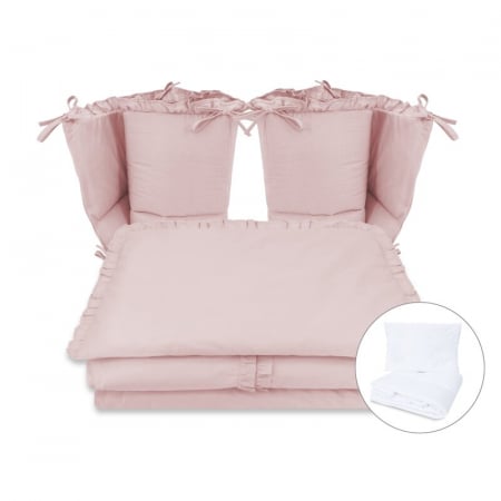 Mobilier si Lenjerie - Lenjerie patut cu 6 piese, MimiNu, Pentru patut 120x60 cm, Cu volanase, Cu pilota si perna, Cu doua aparatori laterale, Din bumbac certificat Oeko Tex Standard 100, Colectia Royal, Powder Pink