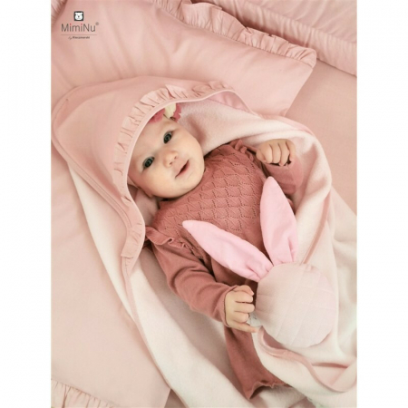 Lenjerie patut cu 6 piese, MimiNu, Pentru patut 120x60 cm, Cu volanase, Cu pilota si perna, Cu doua aparatori laterale, Din bumbac certificat Oeko Tex Standard 100, Colectia Royal, Powder Pink [9]