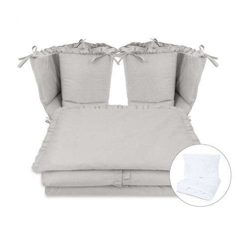 Mobilier si Lenjerie - Lenjerie patut cu 6 piese, MimiNu, Pentru patut 120x60 cm, Cu volanase, Cu pilota si perna, Cu doua aparatori laterale, Din bumbac certificat Oeko Tex Standard 100, Colectia Royal, Grey