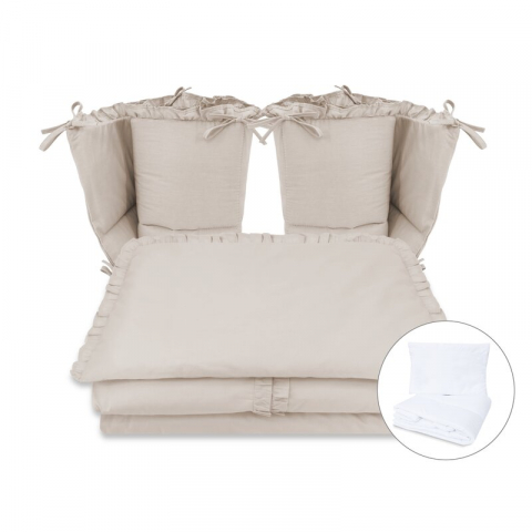 Mobilier si Lenjerie - Lenjerie patut cu 6 piese, MimiNu, Pentru patut 120x60 cm, Cu volanase, Cu pilota si perna, Cu doua aparatori laterale, Din bumbac certificat Oeko Tex Standard 100, Colectia Royal, Beige