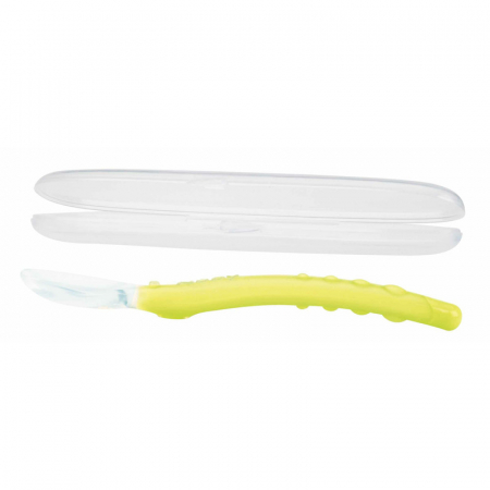 Alaptare si Hranire - Lingura, Nuby, 360 grade, Pentru bebelusi, Din silicon, Cu maner arcuit, Cu carcasa de depozitare, 3+ luni, Galben/Verde