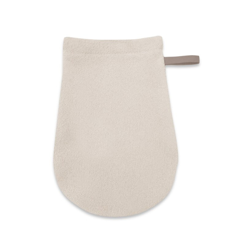 Baie si Igiena - Manusa de baie, Qmini, Pentru bebelusi, 12x21 cm, Din tricot termo-terry din bambus, Materiale certificate Oeko Tex Standard 100, Beige