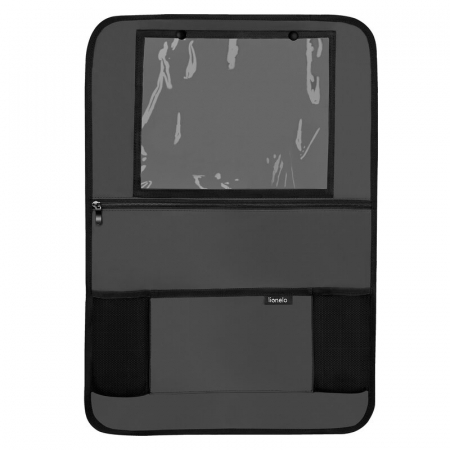 Transport si Relaxare - Organizator auto, Lionelo, Cu 5 buzunare de diferite dimensiuni, Cu buzunar pentru tableta, Montare cu clema, Piele ecologica, Impermeabila, Gri