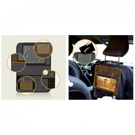 Organizator auto, Lionelo, Cu 5 buzunare de diferite dimensiuni, Cu buzunar pentru tableta, Montare cu clema, Piele ecologica, Impermeabila, Gri [7]