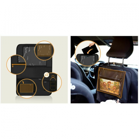 Organizator auto, Lionelo, Cu 5 buzunare de diferite dimensiuni, Cu buzunar pentru tableta, Montare cu clema, Piele ecologica, Impermeabila, Negru [6]