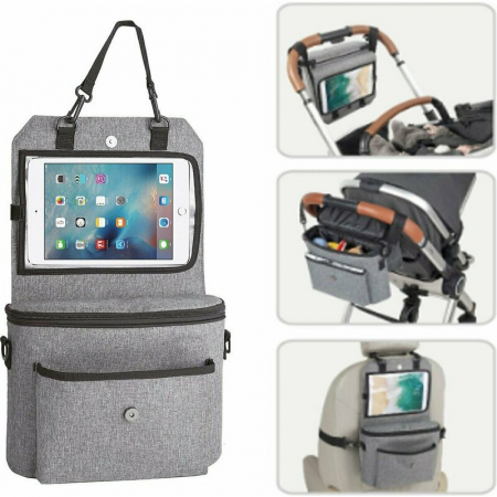 Organizator auto si pentru carucior, FreeON, 3 in 1, Transformabil in gentuta mamici, Cu suport pentru tableta, iPad, Cu buzunare, Grey [2]